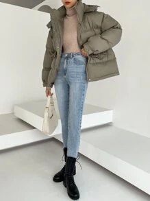 DAZY Drawstring Waist Drop Shoulder Hooded Padded Coat - Army Green - View 11