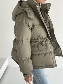 DAZY Drawstring Waist Drop Shoulder Hooded Padded Coat - Army Green - View 8