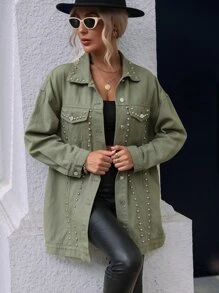 Studded Detail Drop Shoulder Denim Coat - Army Green - View 1