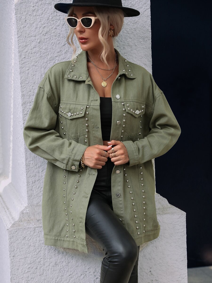 Studded Detail Drop Shoulder Denim Coat - Army Green - View 1