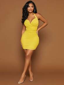 SHEIN SXY Ruched Wrap Cross Backless Halter Bodycon Dress - Yellow - View 5