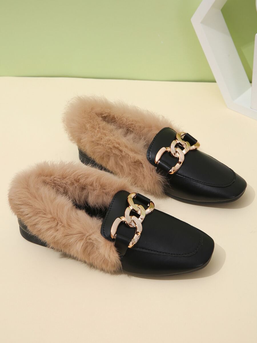 Mocasines planos con cadena & con diseño mullido de punta cuadrada - Negro - Ver 1