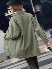 Studded Detail Drop Shoulder Denim Coat - Army Green - View 2