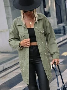 Studded Detail Drop Shoulder Denim Coat - Army Green - View 3
