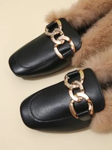 Mocasines planos con cadena & con diseño mullido de punta cuadrada - Negro - Ver 5