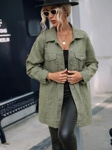 Studded Detail Drop Shoulder Denim Coat - Army Green - View 4