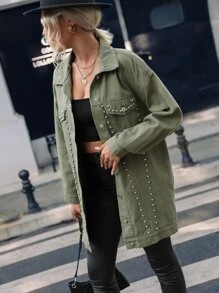Studded Detail Drop Shoulder Denim Coat - Army Green - View 5