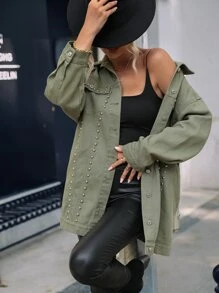 Studded Detail Drop Shoulder Denim Coat - Army Green - View 6