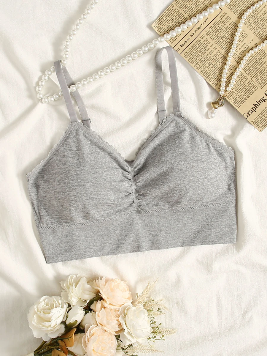 Sujetador fruncido ribete con encaje - Gris - Ver 1