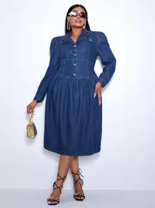 SHEIN SXY Plus Puff Sleeve Denim Shirt Dress - Dark Wash - View 1