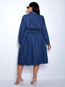 SHEIN SXY Plus Puff Sleeve Denim Shirt Dress - Dark Wash - View 2