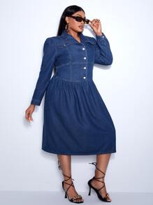 SHEIN SXY Plus Puff Sleeve Denim Shirt Dress - Dark Wash - View 4