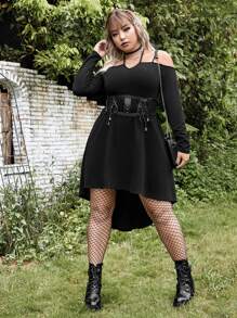 ROMWE PUNK Plus Cold Shoulder High Low Dress Without Corset - Black - View 2