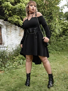 ROMWE PUNK Plus Cold Shoulder High Low Dress Without Corset - Black - View 4