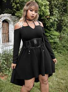 ROMWE PUNK Plus Cold Shoulder High Low Dress Without Corset - Black - View 1