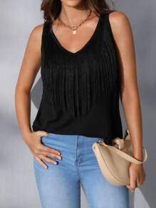 SHEIN LUNE Áo hai dây mép màu trơn Giải trí - màu đen - Xem 3