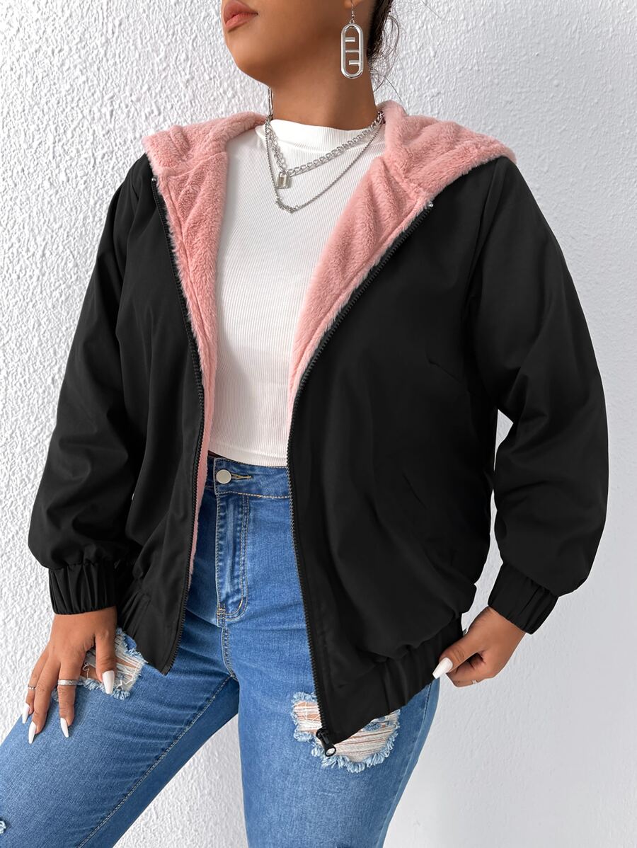 Calvaya Plus Teddy Lined Slant Pocket Hooded Jacket - Black - View 1