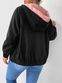 Calvaya Plus Teddy Lined Slant Pocket Hooded Jacket - Black - View 2