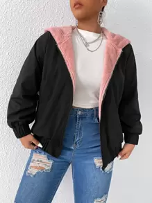 Calvaya Plus Teddy Lined Slant Pocket Hooded Jacket - Black - View 4