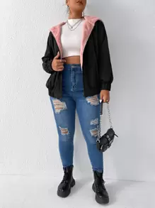 Calvaya Plus Teddy Lined Slant Pocket Hooded Jacket - Black - View 5