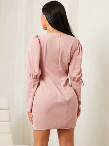 SHEIN SXY Square Neck Leg-of-mutton Sleeve Bodycon Dress - Pink - View 2