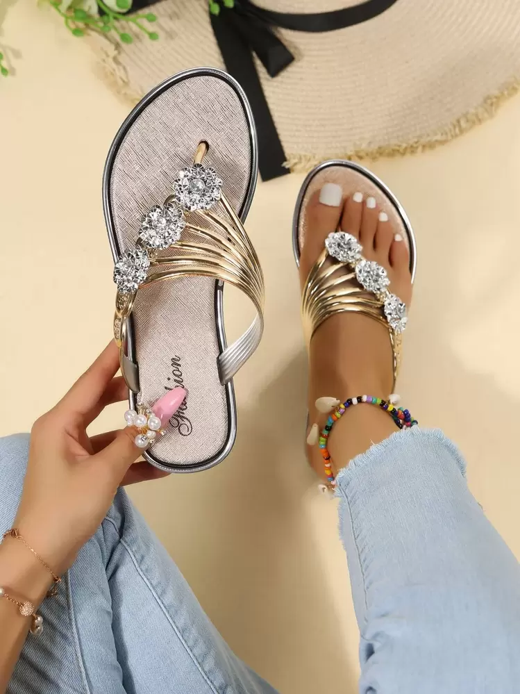 Sandalias tipo chanclas con decoración de flores y cristales de mujer, doradas y metálicas, para primavera y verano - Dorado - Añade 1