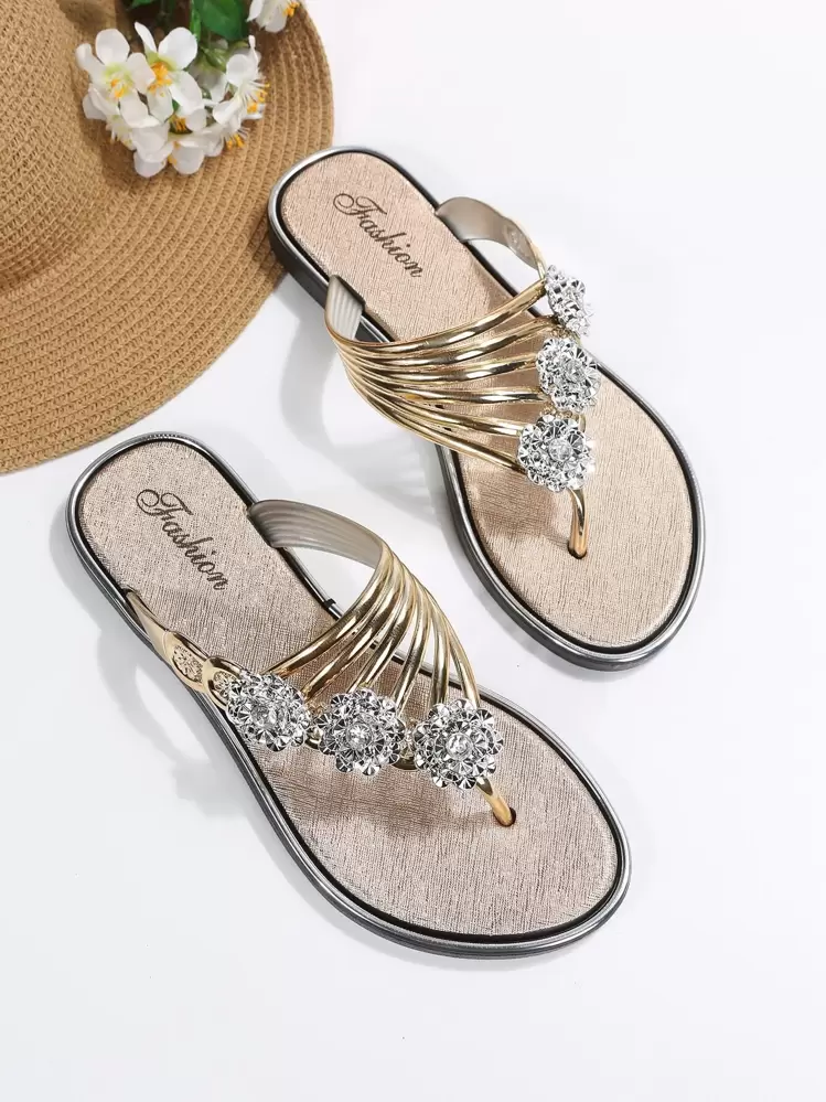 Sandalias tipo chanclas con decoración de flores y cristales de mujer, doradas y metálicas, para primavera y verano - Dorado - Añade 3