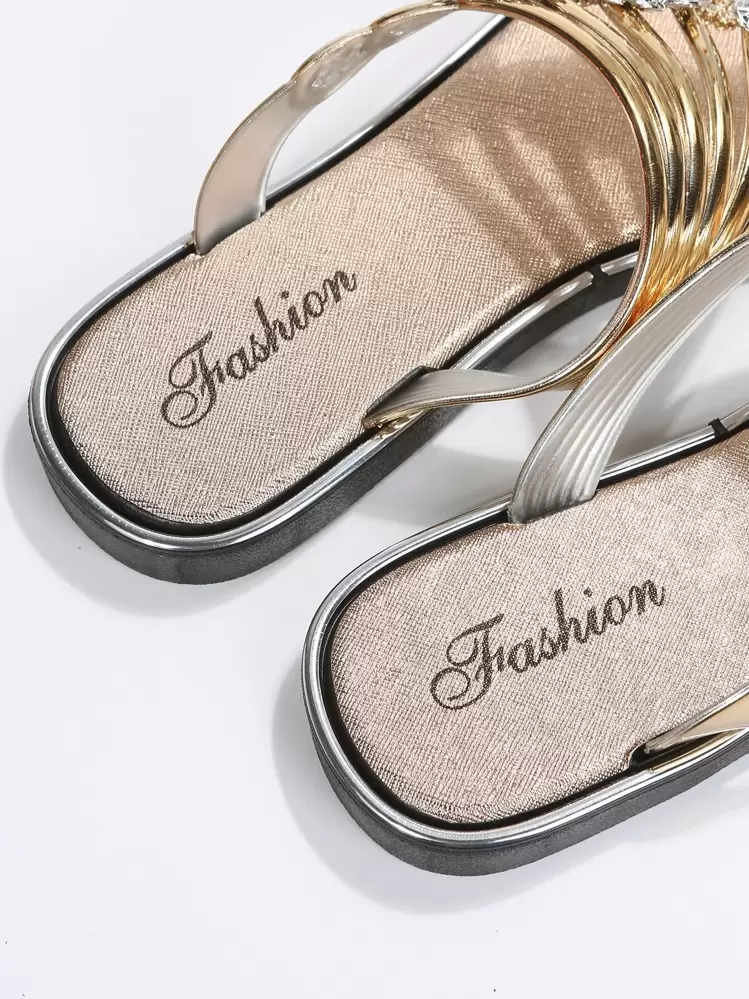Sandalias tipo chanclas con decoración de flores y cristales de mujer, doradas y metálicas, para primavera y verano - Dorado - Añade 5