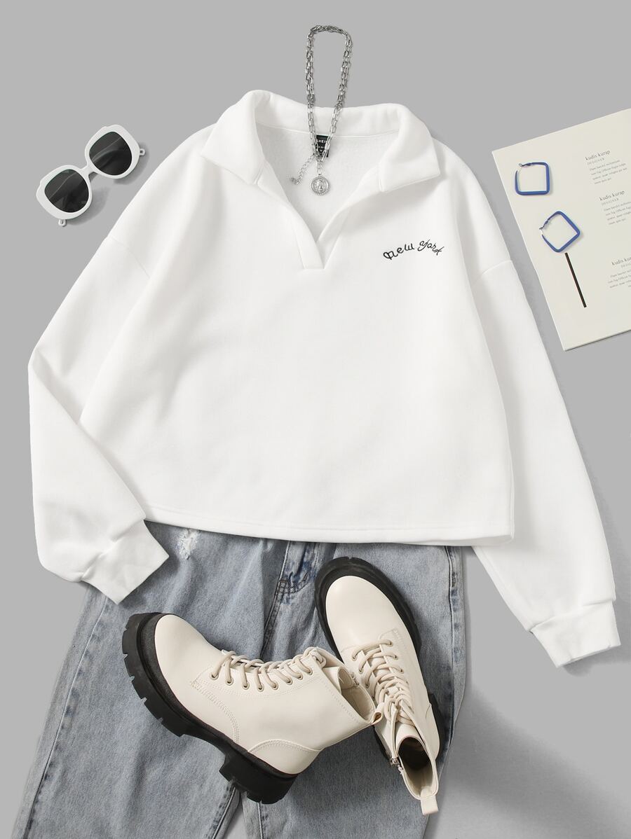 SHEIN EZwear Áo nỉ Thêu Chữ Thả vai - trắng - Xem 1