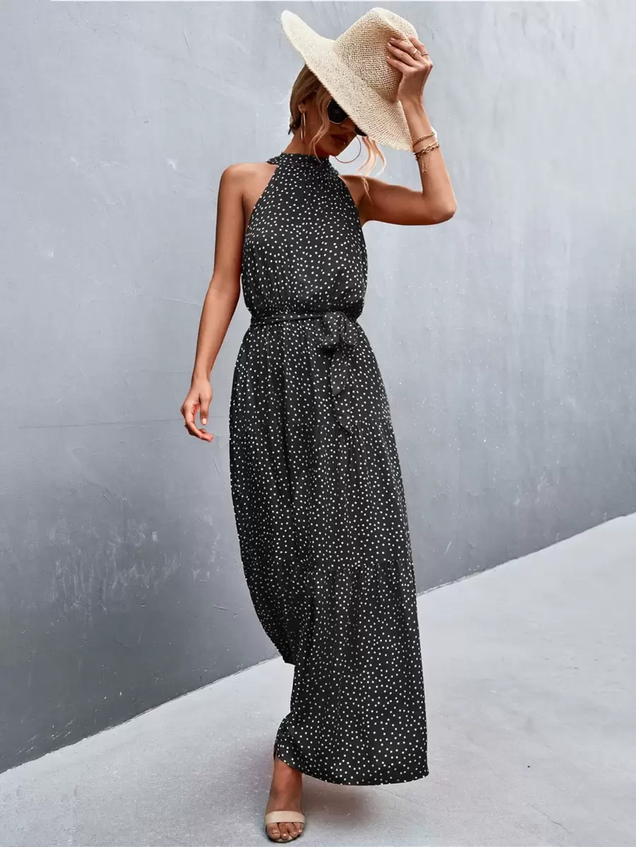 Breezaya Đầm Thắt lưng Cắt ra Viên lá sen Chấm bi Boho - màu đen - Xem 1