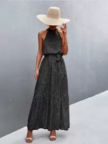 Breezaya Đầm Thắt lưng Cắt ra Viên lá sen Chấm bi Boho - màu đen - Xem 4