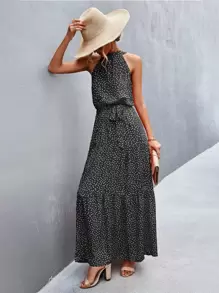 Breezaya Đầm Thắt lưng Cắt ra Viên lá sen Chấm bi Boho - màu đen - Xem 5