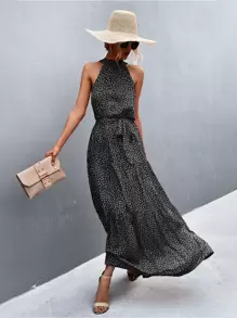 Breezaya Đầm Thắt lưng Cắt ra Viên lá sen Chấm bi Boho - màu đen - Xem 3