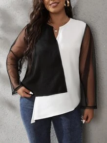 SHEIN LUNE Áo sơ mi Plus Size Bất đối xứng Tương phản Mesh Khối Màu Giải trí - trắng - Xem 6