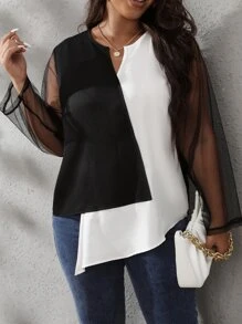 SHEIN LUNE Áo sơ mi Plus Size Bất đối xứng Tương phản Mesh Khối Màu Giải trí - trắng - Xem 3