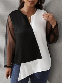 SHEIN LUNE Áo sơ mi Plus Size Bất đối xứng Tương phản Mesh Khối Màu Giải trí - trắng - Xem 4
