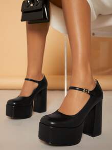 Tacones de plataforma con punta redonda - Negro - Ver 4