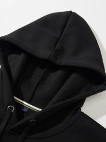 Manfinity Men Mountain & Slogan Graphic Kangaroo Pocket Drawstring Thermal Hoodie - Black - View 4