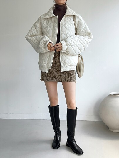 DAZY Button Front Drop Shoulder Quilted Thick Coat