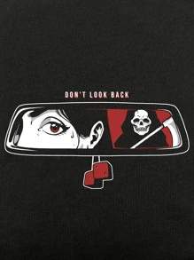 Deniart Grunge Punk Slogan Figure & Skull Graphic Tee With DON'T LOOK BACK Print, For School - Black - View 4