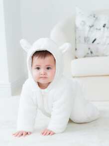 加厚保暖冬季嬰兒連身衣，防風嬰兒爬行衣，可愛 - 白色 - 查看 3