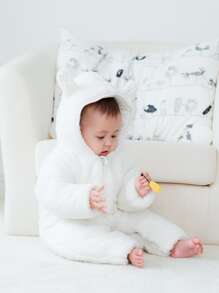 加厚保暖冬季嬰兒連身衣，防風嬰兒爬行衣，可愛 - 白色 - 查看 4