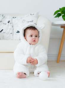 加厚保暖冬季嬰兒連身衣，防風嬰兒爬行衣，可愛 - 白色 - 查看 5