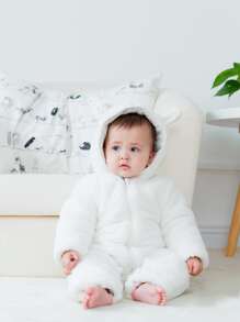 加厚保暖冬季嬰兒連身衣，防風嬰兒爬行衣，可愛 - 白色 - 查看 6