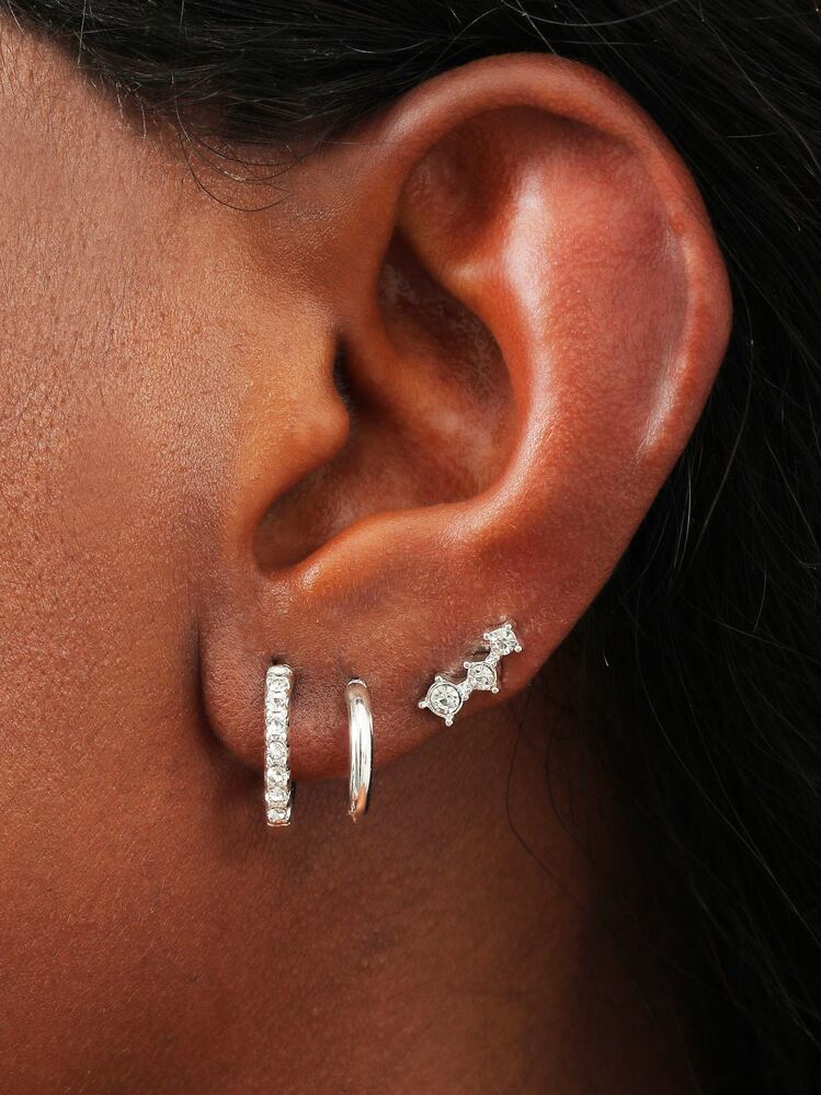 ต่างหู 3 คู่ ติดเพชร - สีเงิน - ดู 1