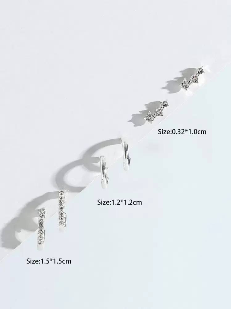 ต่างหู 3 คู่ ติดเพชร - สีเงิน - ดู 3