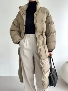 DAZY Drop Shoulder Drawstring Waist Puffer Thick Pockets Coat ,Winter Women Clothes,Winter Coat Women