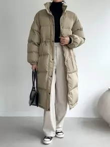 DAZY Drop Shoulder Drawstring Waist Puffer Thick Pockets Coat ,Winter Women Clothes,Winter Coat Women