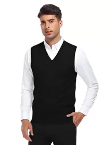 Men Solid Sweater Vest Without Shirt - Black - View 1