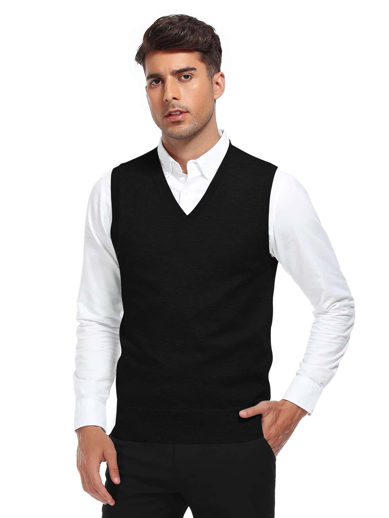 Men Solid Sweater Vest Without Shirt - Black - View 1